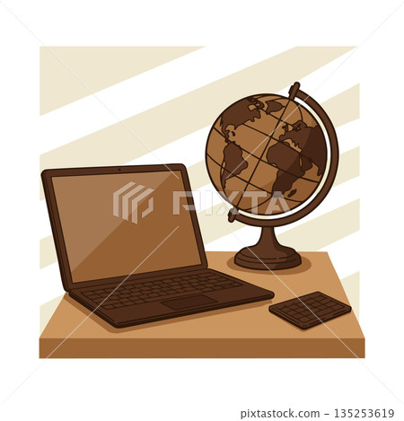 Brown laptop and globe on desk vector for workspace and education themes 135253619