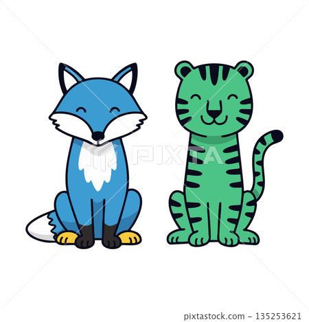 Blue fox and green tiger sitting cartoon animals vector illustration cute friendly characters Blue fox and green tiger sitting cartoon animals vector illustration cute friendly characters 135253621