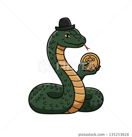 Snake wearing black bowler hat holding ancient coin vector illustration 135253628