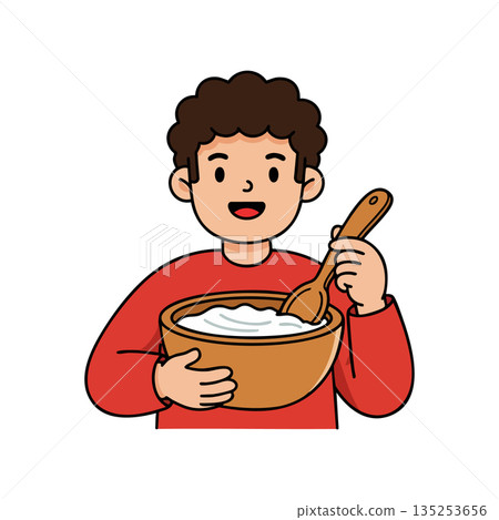 Boy stirring bowl with wooden spoon cooking or baking activity vector illustration Boy stirring bowl with wooden spoon cooking or baking activity vector illustration 135253656