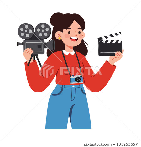 Young woman holding vintage movie camera and film clapperboard with camera around neck vector illustration Young woman holding vintage movie camera and film clapperboard with camera around neck vector illustration 135253657