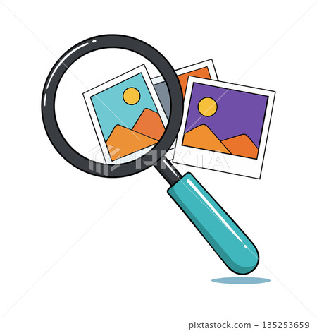 Magnifying glass inspecting colorful photo prints illustration with blue handle and scenic images vector 135253659