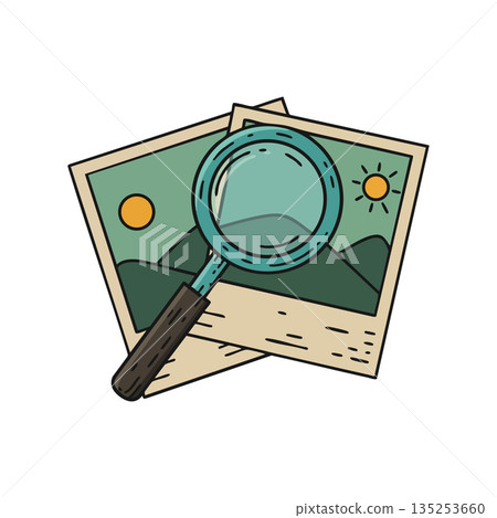Magnifying glass examining landscape photographs with sun and mountains natural scenery vector illustration Magnifying glass examining landscape photographs with sun and mountains natural scenery vector illustration 135253660
