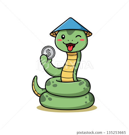 Cute green snake cartoon character holding coin with blue hat vector illustration 135253665