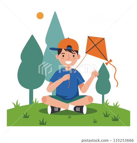 Boy flying orange kite sitting on grass with pine trees and sun background vector illustration 135253666