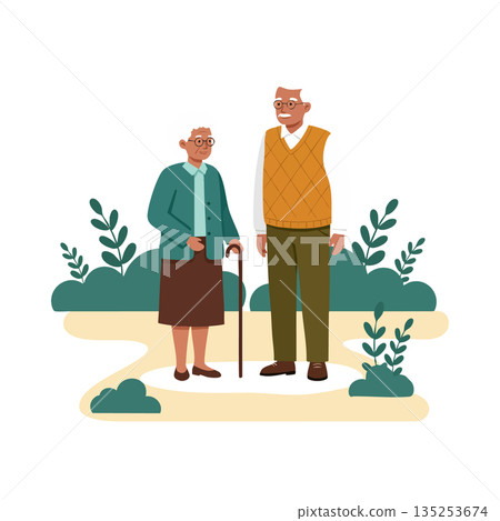 Elderly couple standing outdoors with walking cane in garden vector illustration Elderly couple standing outdoors with walking cane in garden vector illustration 135253674