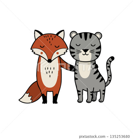 Cute fox and tiger animal friends cartoon illustration in friendly pose vector 135253680