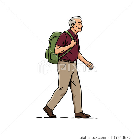 Elderly man walking with green backpack casual clothing vector illustration 135253682
