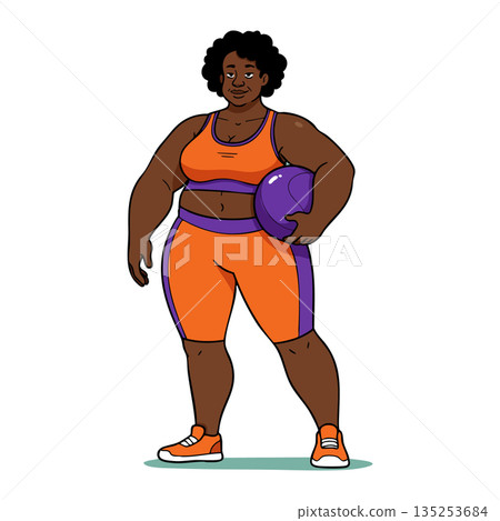 Plus size woman holding purple exercise ball in orange workout clothes vector illustration Plus size woman holding purple exercise ball in orange workout clothes vector illustration 135253684