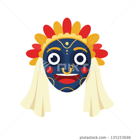 Traditional Indian Kathakali Mask with Yellow Red Flowers and White Veil Vector Illustration 135253686