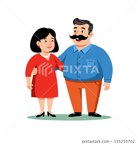 Middle aged couple standing close together with smiling faces in casual clothing vector illustration Middle aged couple standing close together with smiling faces in casual clothing vector illustration 135253702