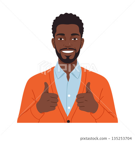 Man Giving Thumbs Up Wearing Orange Cardigan and Blue Shirt Positive Gesture Vector Illustration 135253704