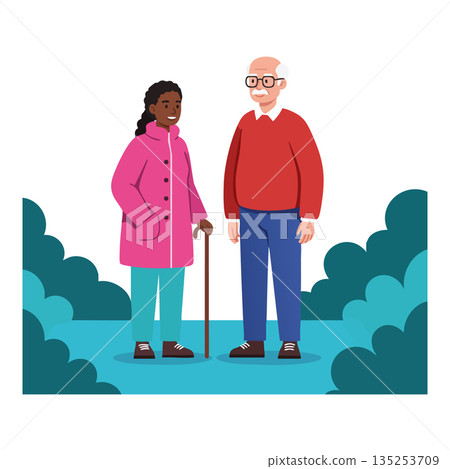 Elderly man and woman standing outdoors in colorful coats vector illustration 135253709