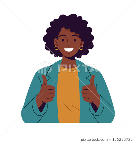 Smiling woman giving thumbs up gesture with curly hair and casual outfit vector illustration 135253723