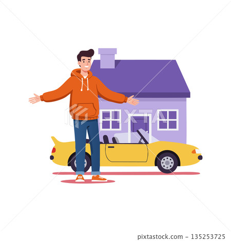 Young man standing beside yellow convertible car in front of purple house vector illustration 135253725