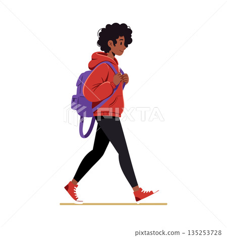 Young woman walking with purple backpack and red hoodie casual streetwear vector illustration Young woman walking with purple backpack and red hoodie casual streetwear vector illustration 135253728