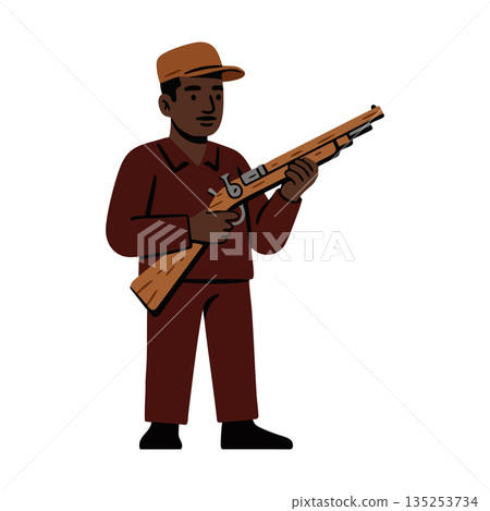 Hunter holding classic wooden rifle in brown outfit and cap vector illustration 135253734
