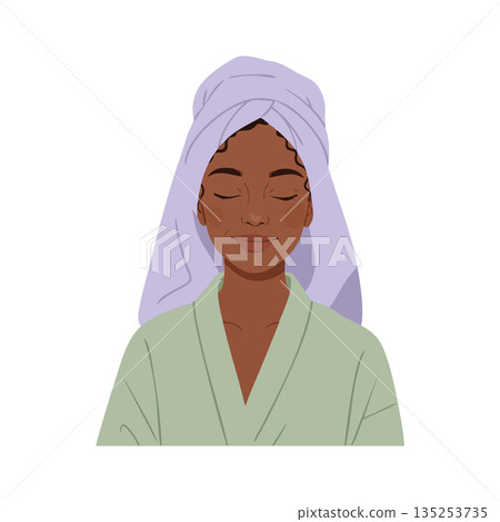 Woman with towel wrapped on head and robe relaxing eyes closed vector illustration 135253735