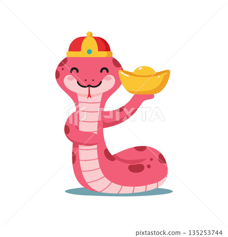 Pink cartoon snake wearing traditional hat holding gold ingot vector illustration 135253744