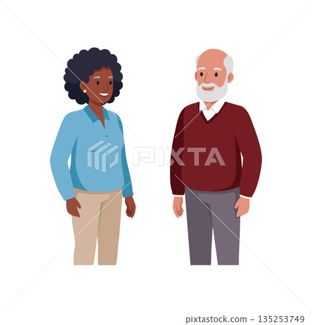 Elderly man and middle-aged woman standing together smiling casual clothing vector illustration 135253749