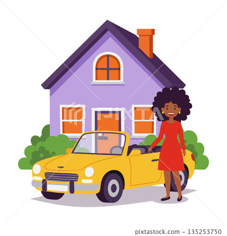 Woman standing beside yellow convertible car in front of purple house with orange windows and chimney Woman standing beside yellow convertible car in front of purple house with orange windows and chimney 135253750