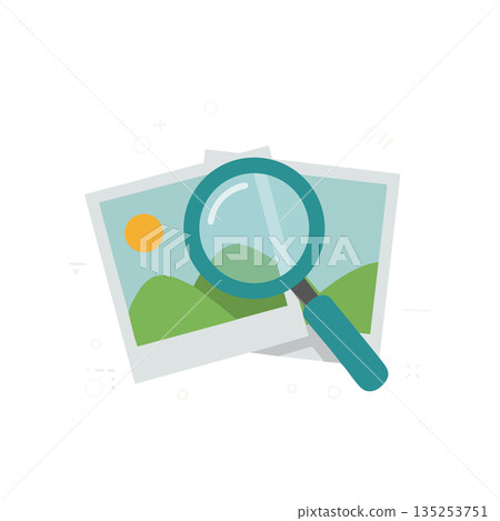 Magnifying glass inspecting landscape image with sun and hills vector illustration 135253751