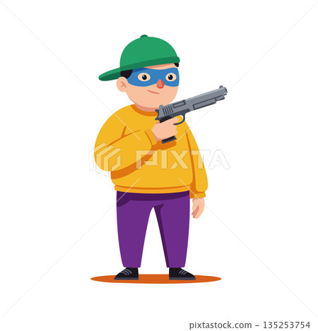 Boy wearing green cap and mask holding toy gun in casual outfit vector illustration Boy wearing green cap and mask holding toy gun in casual outfit vector illustration 135253754
