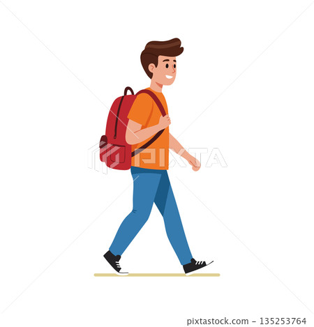 Young man walking with red backpack and casual clothing vector illustration cheerful expression Young man walking with red backpack and casual clothing vector illustration cheerful expression 135253764