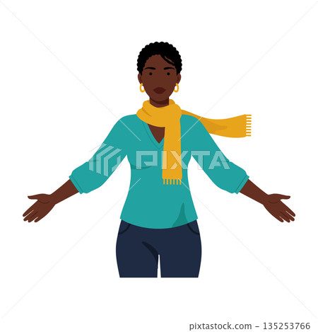 Woman with open arms wearing teal blouse and yellow scarf vector illustration 135253766