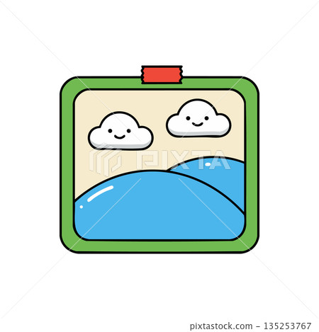 Cute landscape illustration with smiling clouds and blue hills in green frame vector 135253767