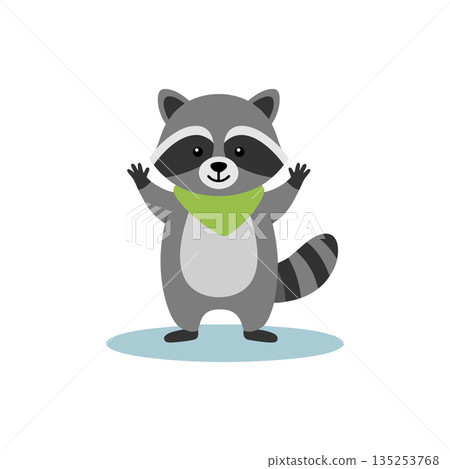 Cute raccoon character with green scarf standing on blue shadow vector illustration 135253768
