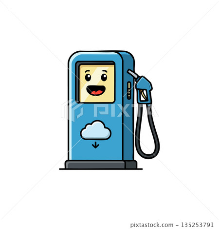 Blue smiling gas pump with cloud icon cartoon style vector illustration 135253791