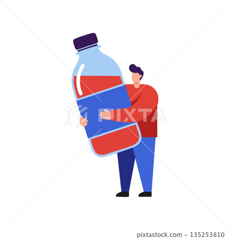 Person holding large plastic bottle with red liquid and blue label illustration vector Person holding large plastic bottle with red liquid and blue label illustration vector 135253810
