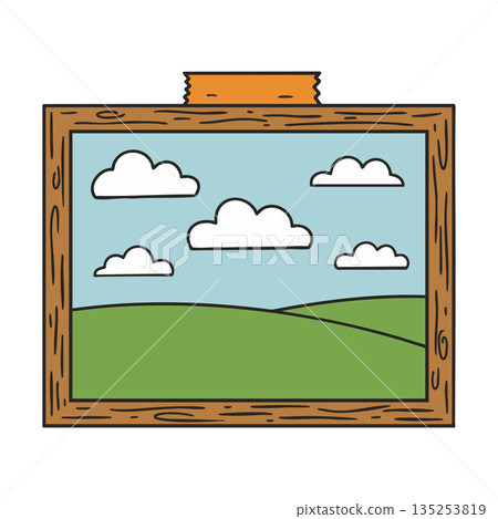 Landscape painting with wooden frame and cloudy sky scenic view in green field vector illustration Landscape painting with wooden frame and cloudy sky scenic view in green field vector illustration 135253819