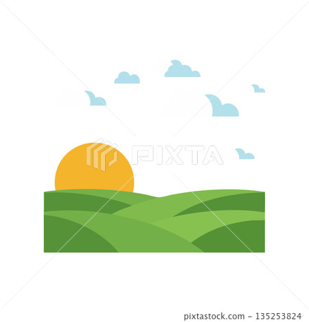 Green rolling hills landscape with yellow sun and blue clouds vector illustration Green rolling hills landscape with yellow sun and blue clouds vector illustration 135253824