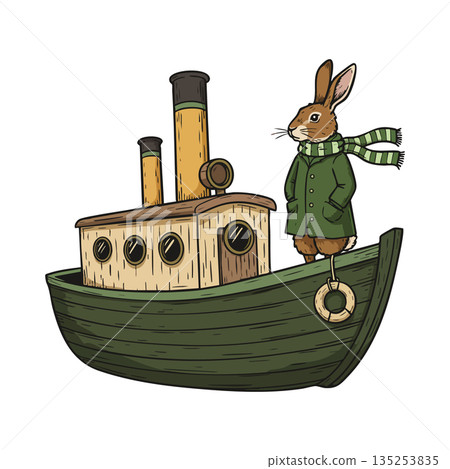 Rabbit wearing green coat and scarf standing on green wooden boat vector illustration 135253835