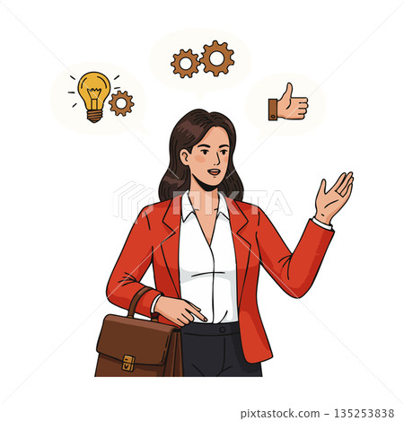 Businesswoman with briefcase and idea icons representing success and innovation in office environment 135253838