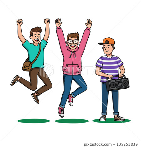 Three young men enjoying music and celebration with boombox and jumping gestures vector illustration Three young men enjoying music and celebration with boombox and jumping gestures vector illustration 135253839