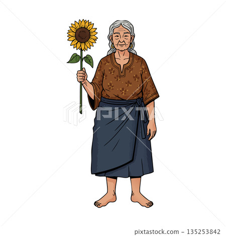 Elderly woman holding sunflower barefoot in simple clothing vector illustration Elderly woman holding sunflower barefoot in simple clothing vector illustration 135253842
