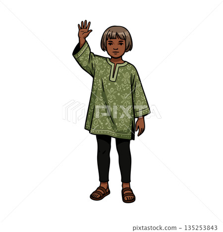Child waving hand wearing green patterned tunic and black pants vector illustration 135253843