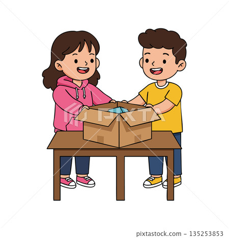 Children Unpacking Cardboard Box Together Playing Activity Vector Illustration Children Unpacking Cardboard Box Together Playing Activity Vector Illustration 135253853