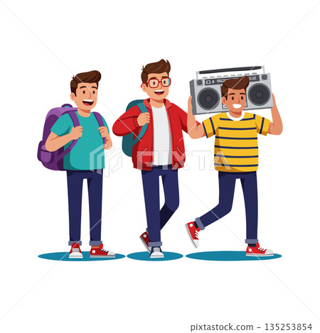 Boys walking with backpacks and boombox having fun outdoor casual scene vector illustration 135253854