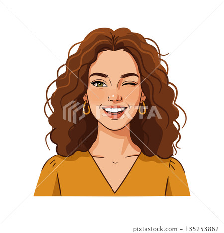 Smiling woman with curly hair winking wearing yellow top and gold earrings vector illustration 135253862