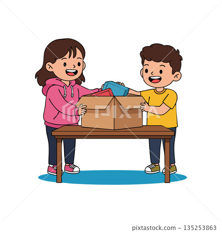 Children Packing Donation Box Together Helping Others with Joyful Expressions vector illustration 135253863