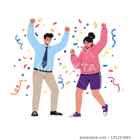 Happy man and woman celebrating with colorful confetti and streamers vector illustration 135253865