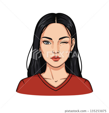 Young woman with long black hair winking in red shirt vector illustration portrait Young woman with long black hair winking in red shirt vector illustration portrait 135253875