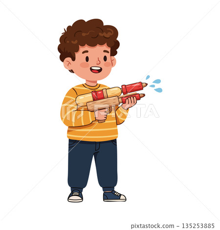 Boy holding water gun playing outdoor summer fun activity vector illustration 135253885