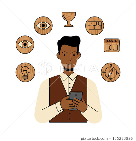 Businessman using smartphone surrounded by wooden icons of ideas, eyes, compass, and calendar in digital vector design 135253886