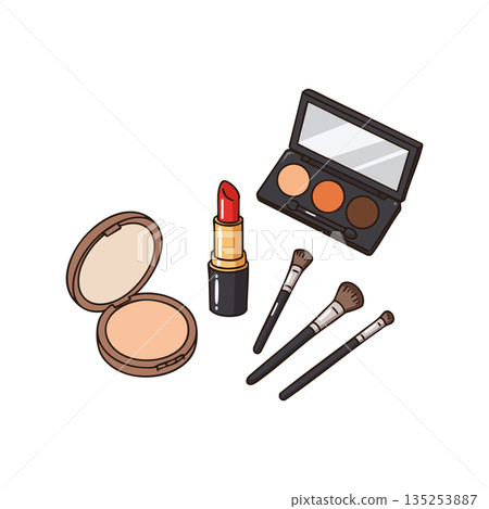 Makeup set with lipstick, eyeshadow palette, powder compact, and brushes vector illustration for beauty and cosmetics design Makeup set with lipstick, eyeshadow palette, powder compact, and brushes vector illustration for beauty and cosmetics design 135253887