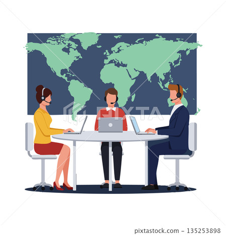 Customer service team working remotely with laptops and headsets in office with world map background vector illustration 135253898